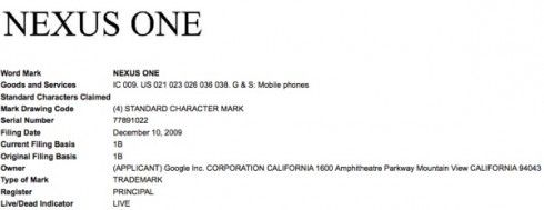 Nexus One Trademark Application