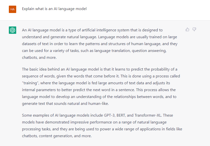 A screenshot of conversation with ChatGPT where it is explaining what are the AI language models
