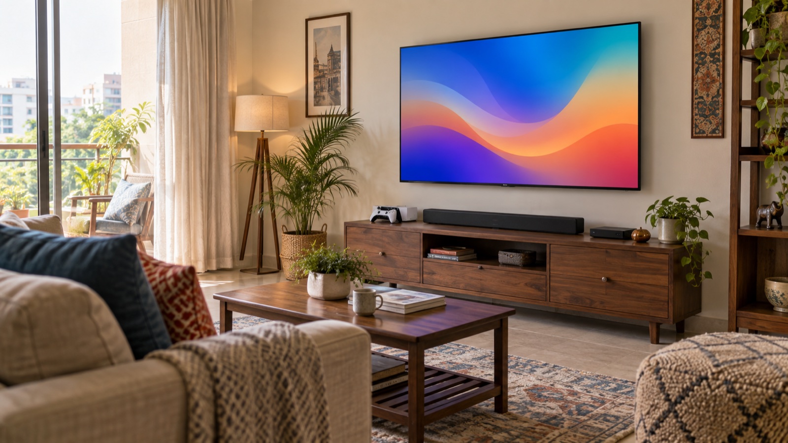 A 55-inch TV with a console, soundbar and set-top box in an Indian living room