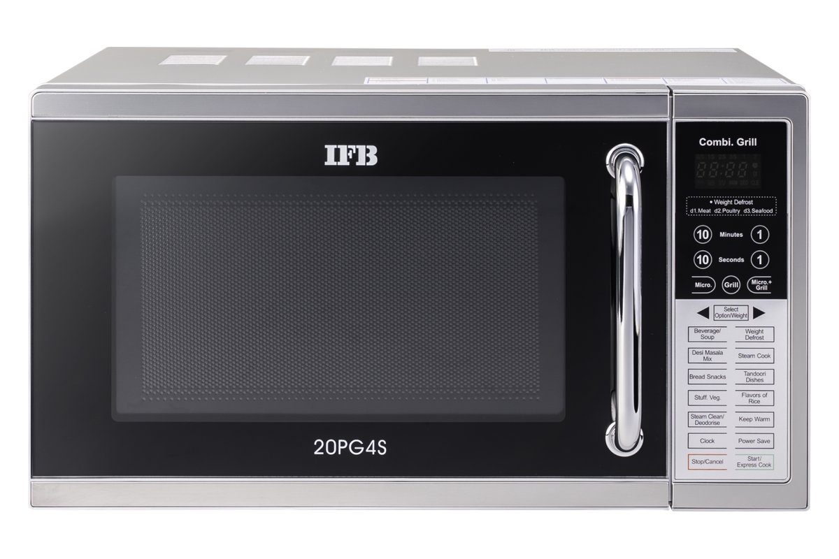 IFB 20PG4S 20 L grill microwave oven in silver, front view
