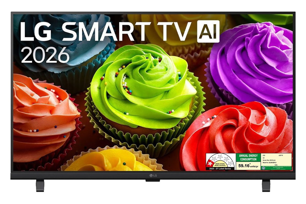 LG 32LB655BPLA 32-inch webOS smart TV, front view on its stand
