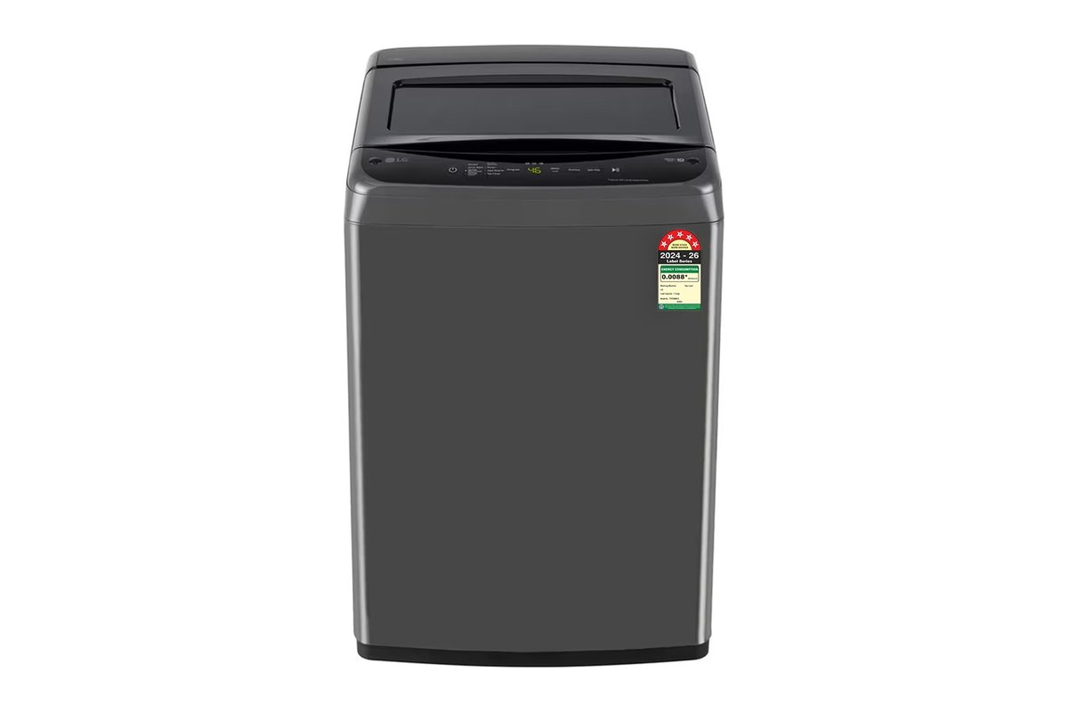 LG T70VBMB1Z 7 kg top-load washing machine in Middle Black, front view