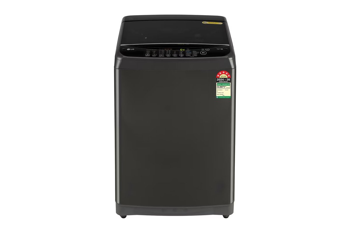 LG T90AJMB1Z 9 kg top-load washing machine in Middle Black, front view