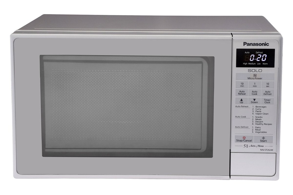 Panasonic NN-ST26JMFDG 20 L solo microwave oven in silver, front view