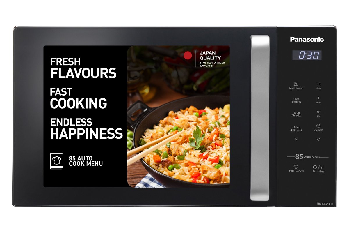 Panasonic NN-ST310QBFG 25 L solo microwave oven in black, front view with Panasonic's promotional door graphic