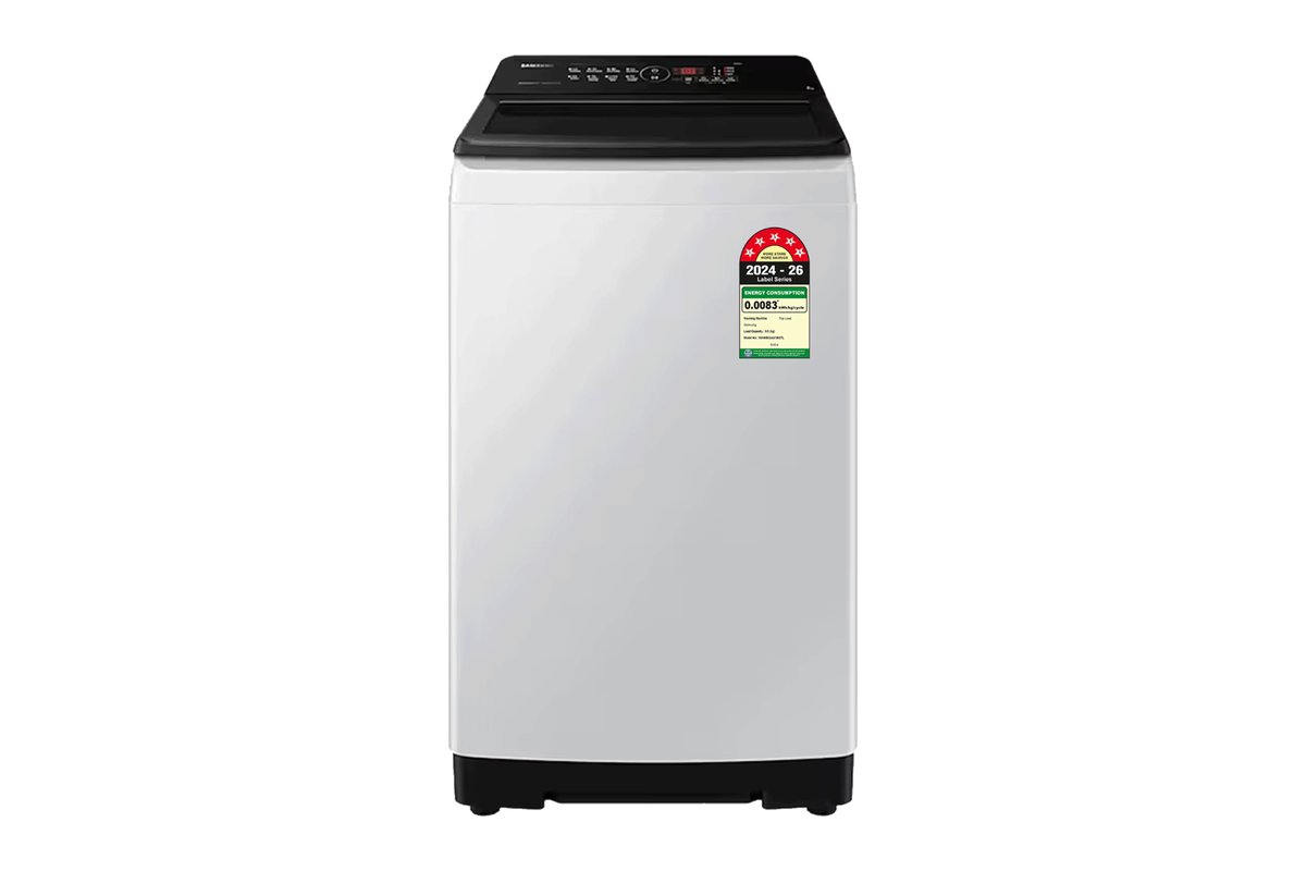 Samsung WA80BG4441BGTL 8 kg top-load washing machine in light grey, front view (the 7 kg WA70BG4441YYTL shares the same cabinet)