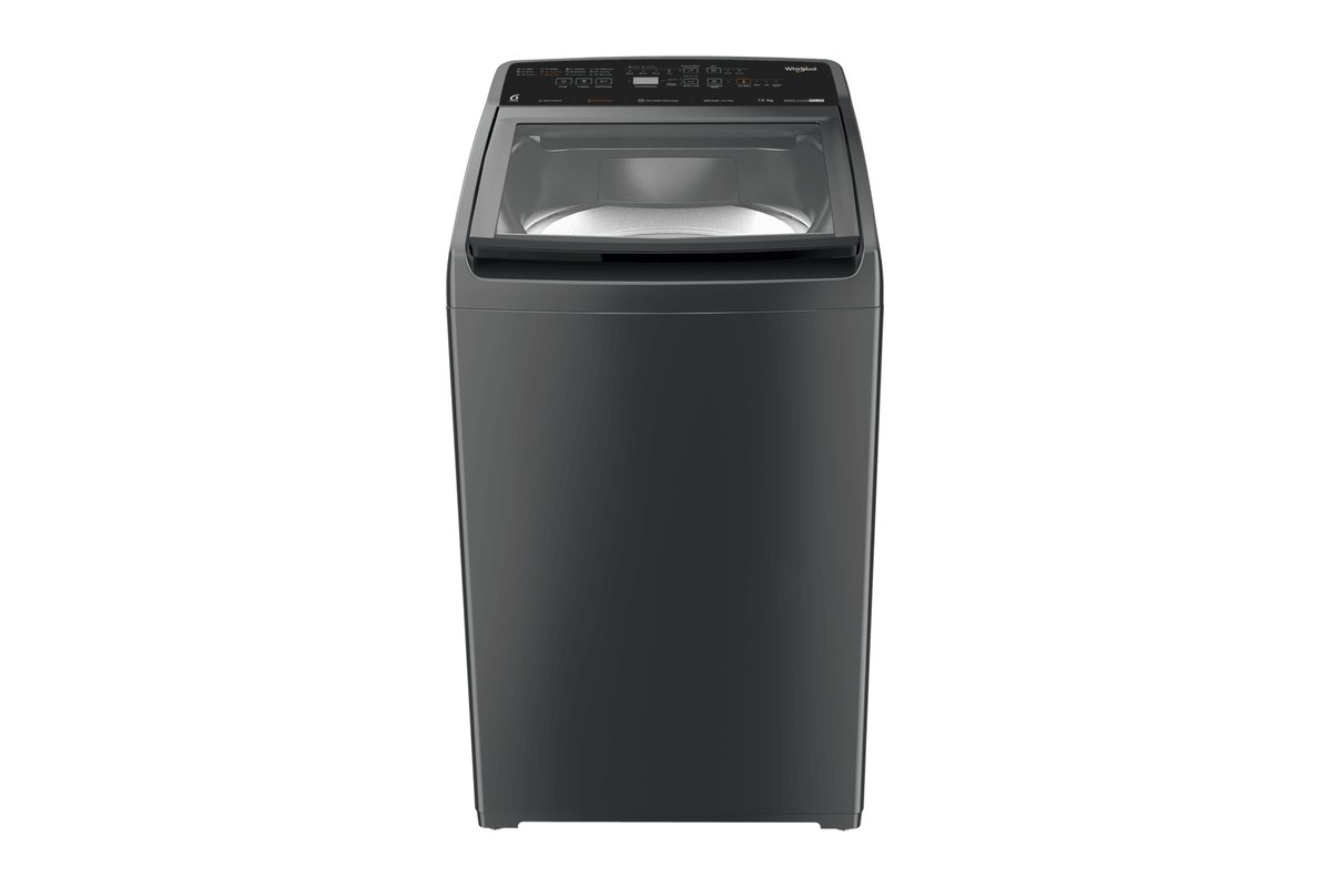 Whirlpool Magic Clean Pro SW top-load washing machine with in-built heater in graphite, front view (7 kg version shown; the 8 kg looks the same)